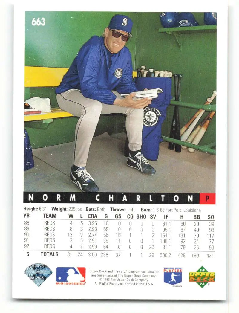 1993 Upper Deck Seattle Mariners Baseball Card of Norm Charlton in dugout with stats