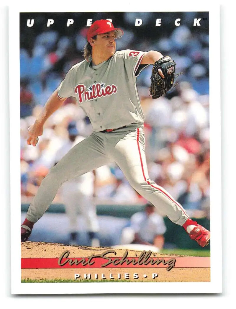 Curt Schilling delivering a pitch in Philadelphia Phillies uniform on baseball card