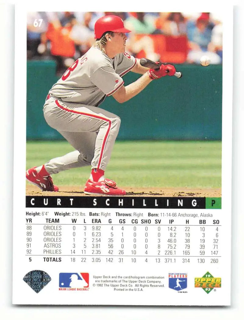 Baseball card of Curt Schilling in bunting stance for Philadelphia Phillies, road uniform