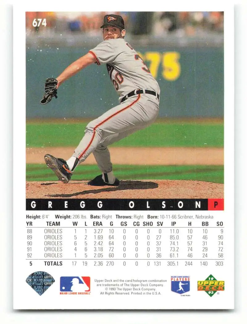 Gregg Olson pitching in gray uniform on Baltimore Orioles baseball card 1993 Upper Deck