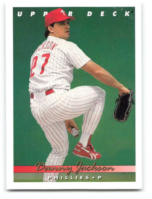 Baseball card of Danny Jackson, Philadelphia Phillies pitcher in pinstripes from Upper Deck