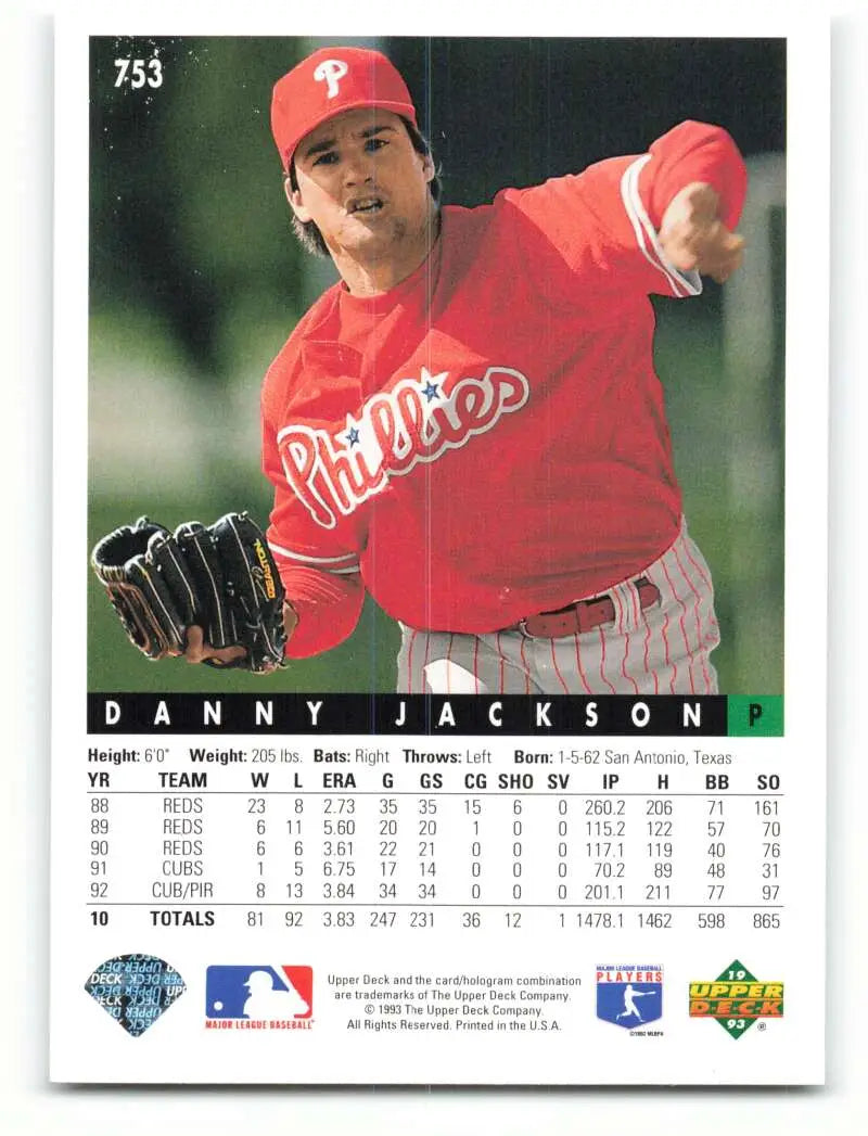 1993 Upper Deck Danny Jackson Philadelphia Phillies pitcher card in red uniform