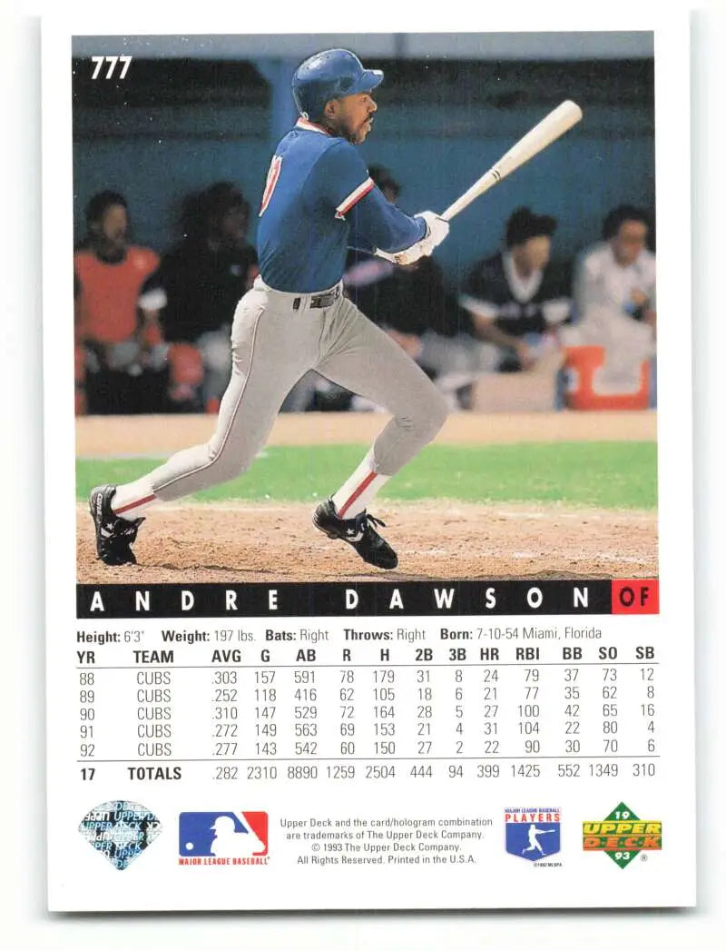 Boston Red Sox 1993 Upper Deck #777 Andre Dawson baseball card mid-swing in blue uniform
