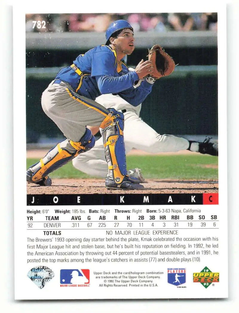 Baseball card of Joe Kmak in a blue and yellow uniform for Milwaukee Brewers Upper Deck