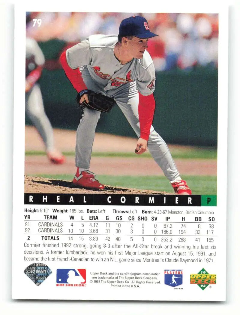 Baseball card featuring Rheal Cormier in mid-delivery for the St. Louis Cardinals Upper Deck