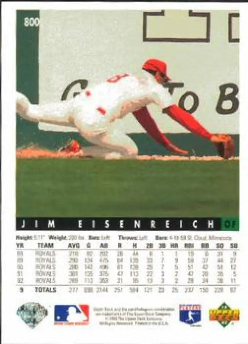 Baseball player diving to catch a ball in white and red uniform for Upper Deck Jim Eisenreich