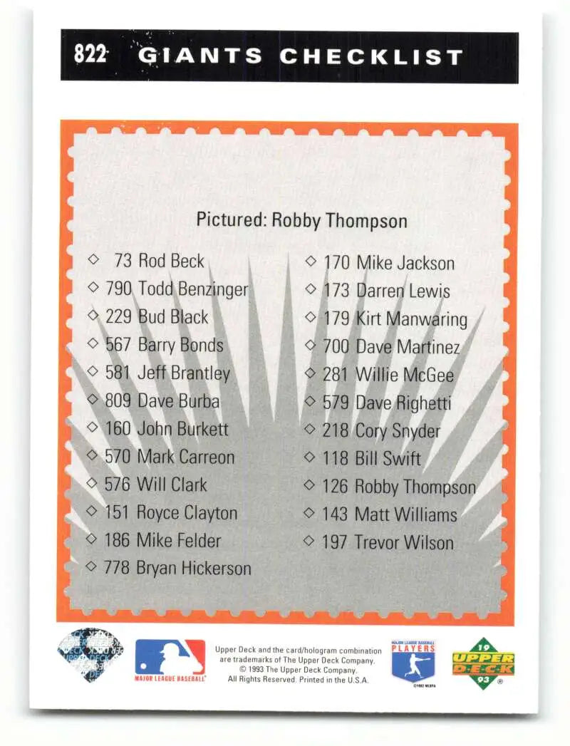 Baseball card checklist featuring Robby Thompson of the San Francisco Giants team