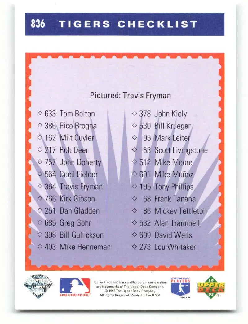 Baseball card checklist featuring Detroit Tigers Travis Fryman 1993 Upper Deck #836
