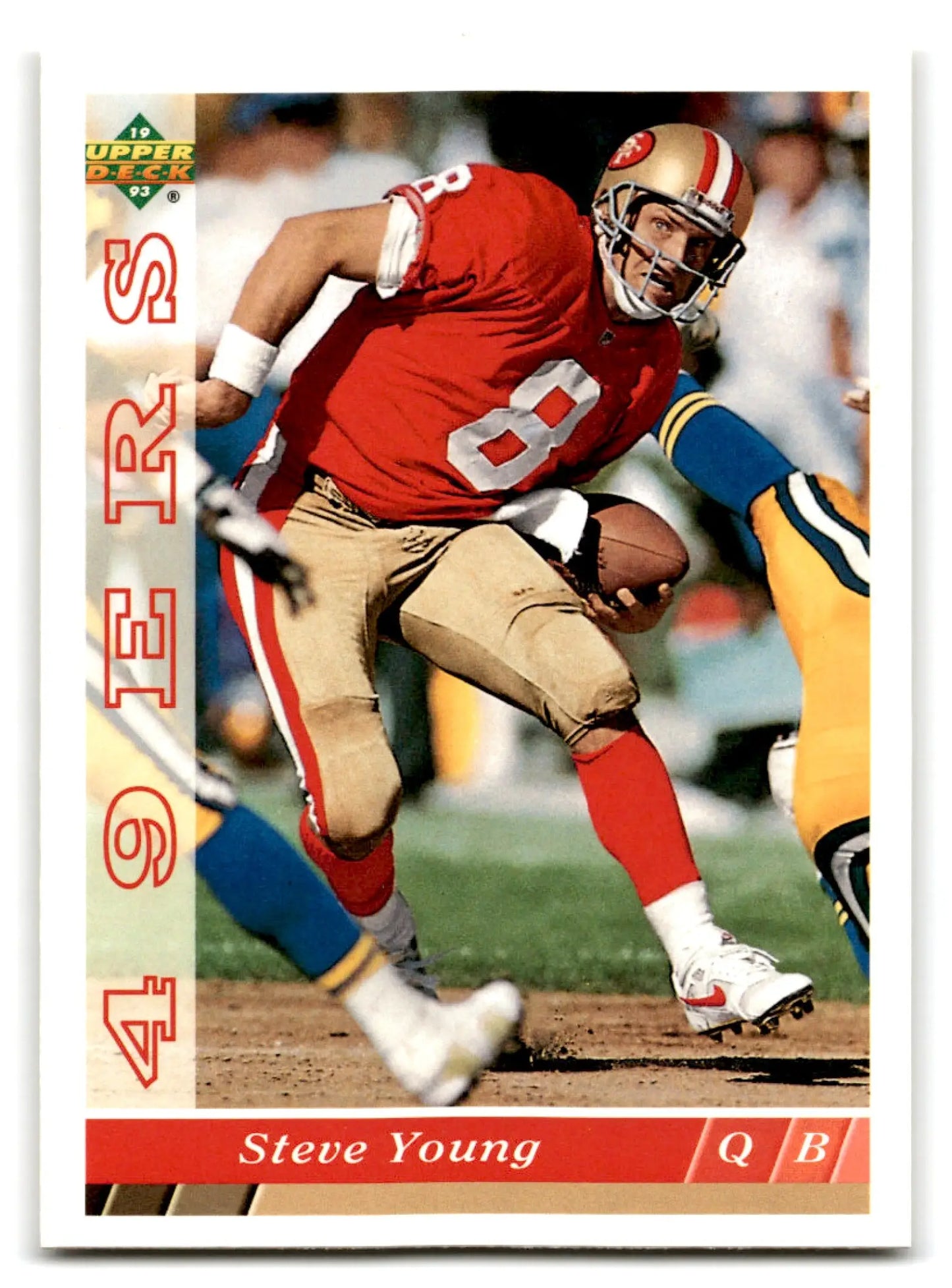 Vintage Upper Deck Football trading card featuring Steve Young in San Francisco 49ers uniform