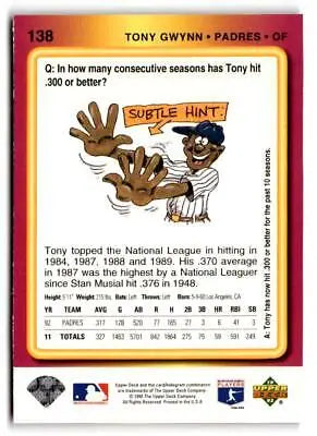 Tony Gwynn baseball card from 1993 Upper Deck Fun Pack #138 for collectors