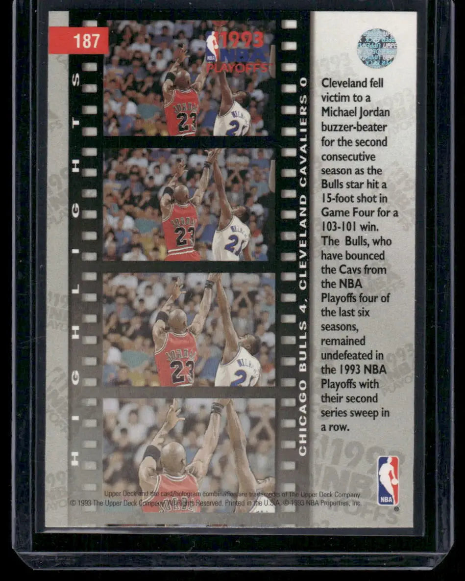 Basketball trading card featuring Michael Jordan action shots from 1993 Upper Deck NBA Playoffs Highlights