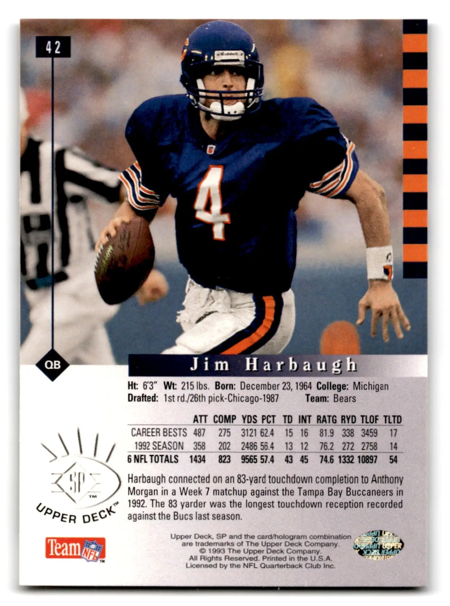 1993 Upper Deck SP Football Jim Harbaugh card featuring Chicago Bears player
