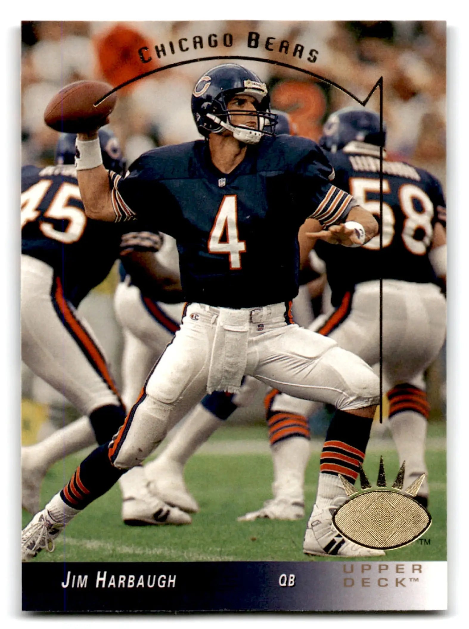 Football Jim Harbaugh trading card from 1993 Upper Deck SP Football featuring player in dark blue jersey