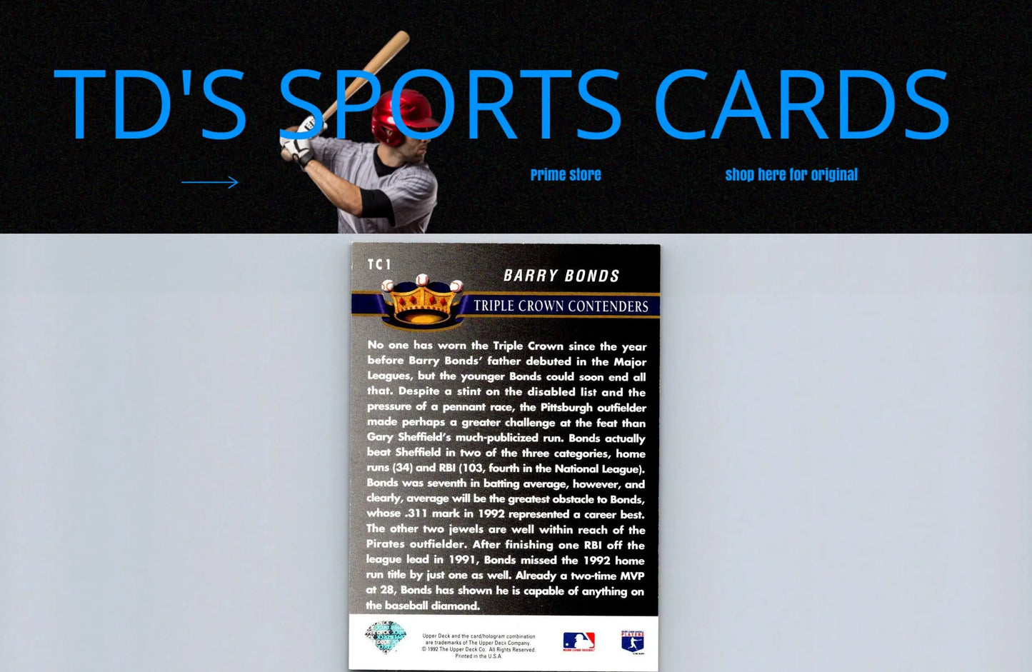 Barry Bonds baseball card from 1993 Upper Deck TC1 Barry Bonds Triple Crown Contenders