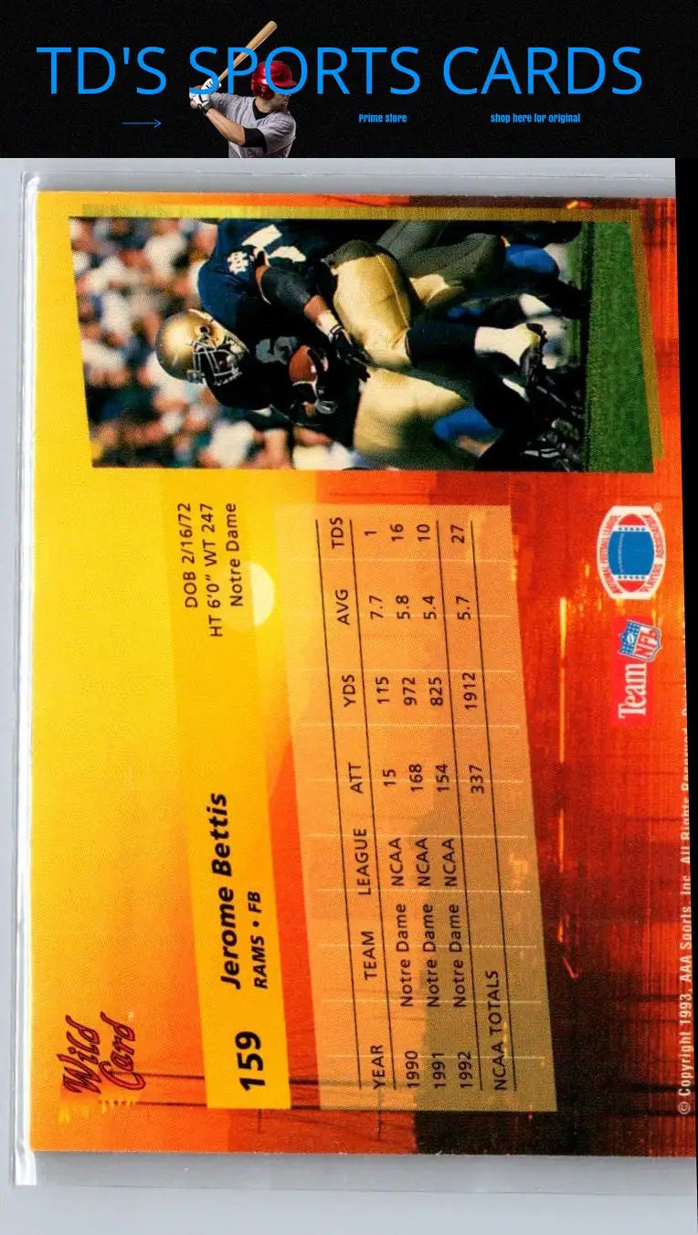 Jerome Bettis 1993 Wild Card #159 trading card for collectors and fans