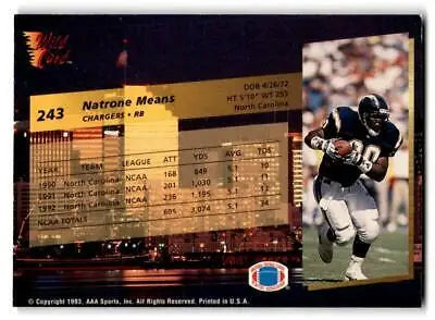 1993 Wild Card #243 Natrone Means trading card featuring the running back’s image