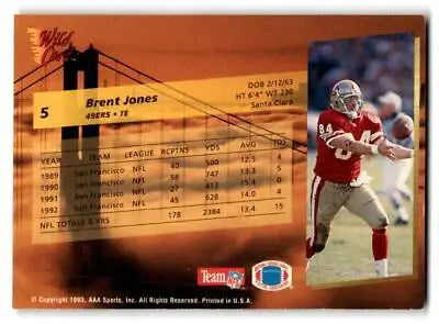 Brent Jones 1993 Wild Card #5 trading card showcasing the football star’s iconic moment