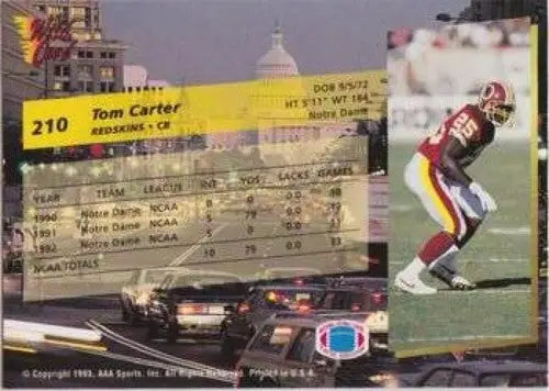 Original gloss Wild Card Superchrome Tom Carter football card from 1993 Wild Card series