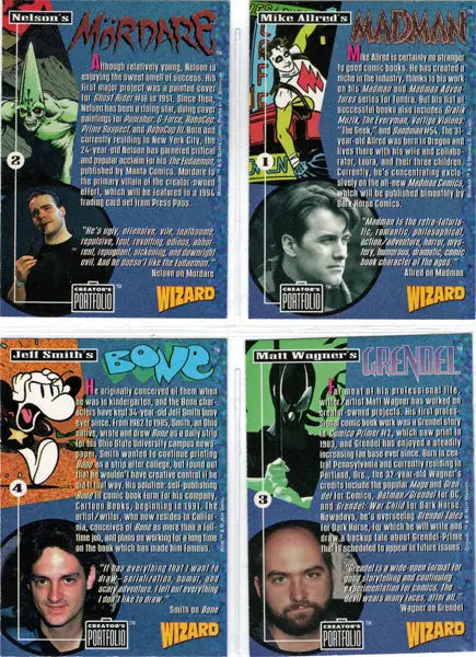 Four trading cards featuring comic book creators from Wizard Magazine in a promo set
