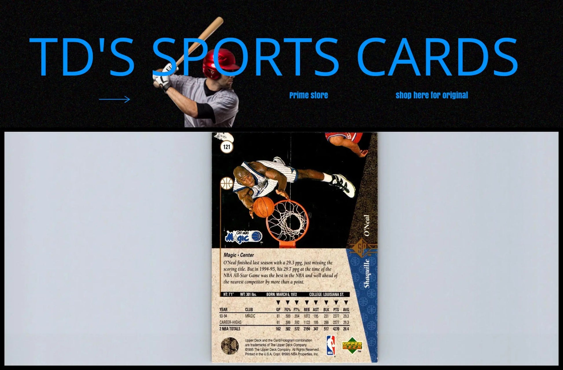 Basketball card featuring Shaquille O’Neal from 1994-95 SP trading collection