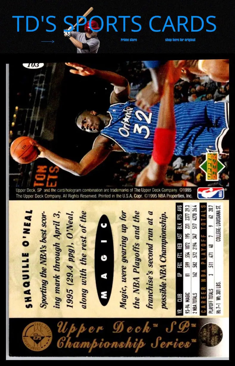 1994-95 SP Championship #103 Shaquille O’Neal trading card for collectors and fans