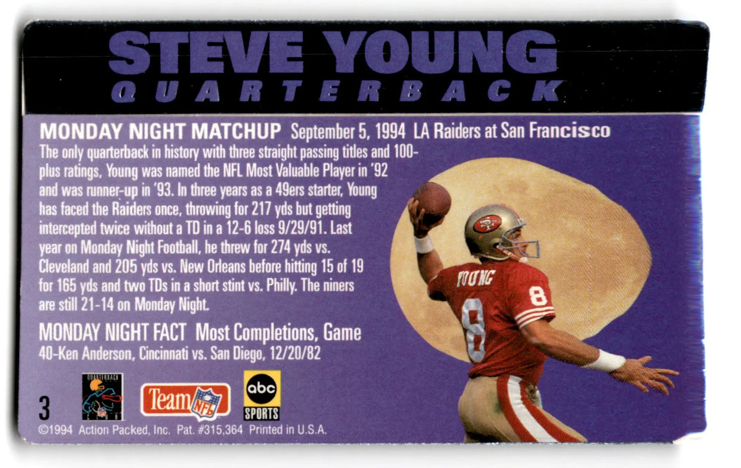 Football Monday Night Steve Young trading card from 1994 Action Packed Football collection