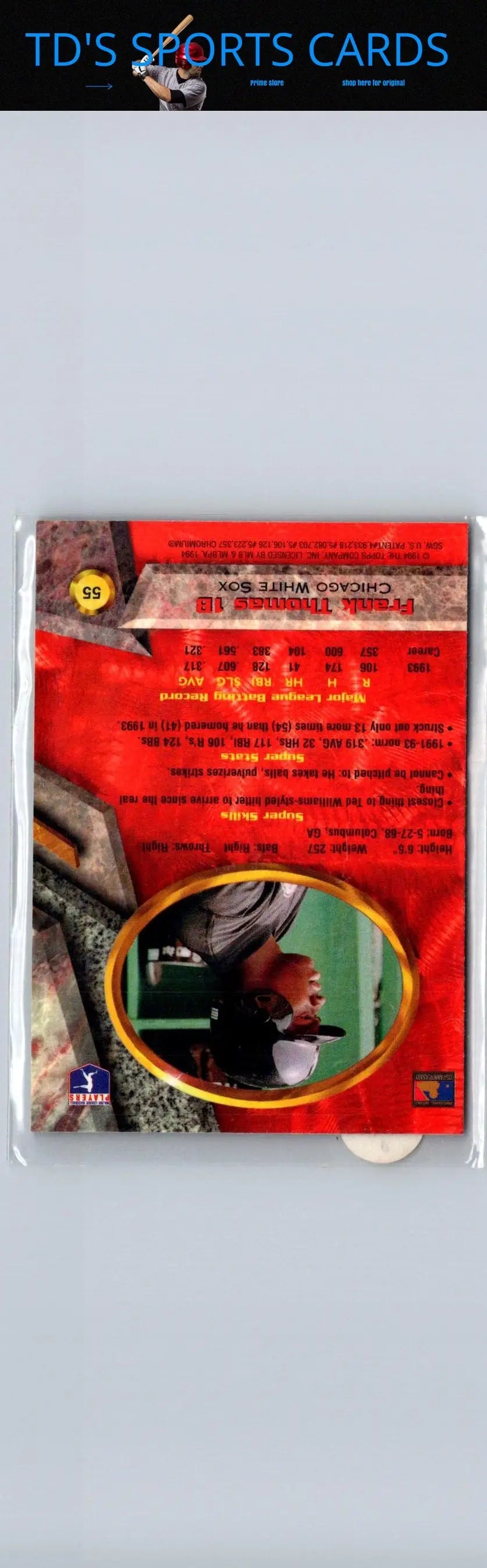 Collectible 1994 Bowman’s Best Frank Thomas sports card with player stats and oval image