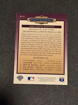 Back of 1994 Collector’s Choice Mike Piazza baseball card showing player stats
