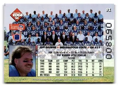 Football trading card of Jeff George with Indianapolis Colts team photo and stats