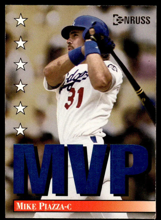 1994 Donruss Mike Piazza baseball card featuring Los Angeles Dodgers player at bat