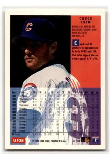 Original gloss 1994 Fleer Update U108 Chuck Crim Chicago Cubs baseball card