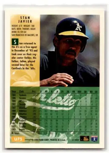1994 Fleer Update U75 Stan Javier Oakland Athletics baseball card original gloss design