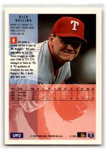 1994 Fleer Update U92 Rick Helling Baseball Card featuring original gloss, Texas Rangers