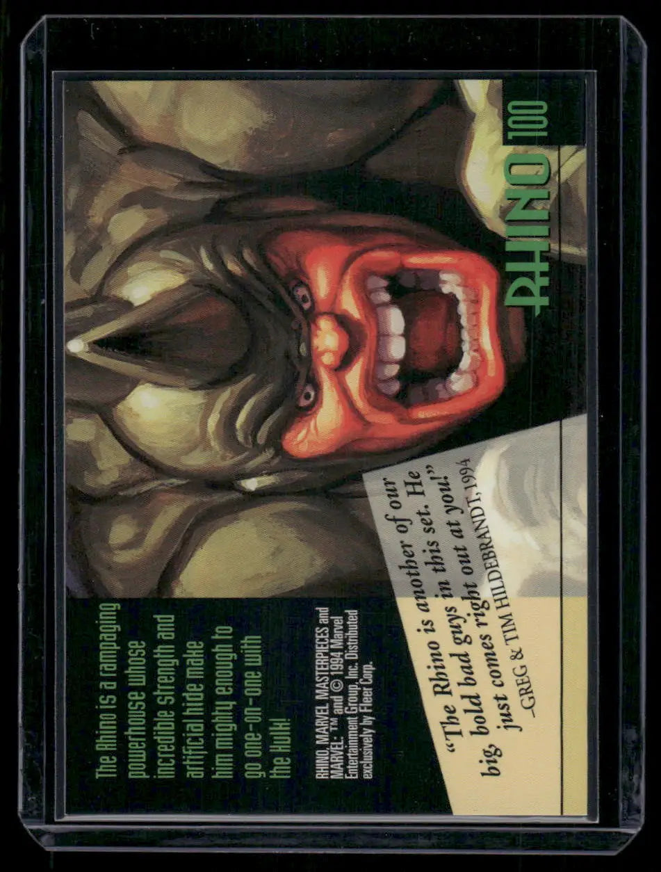 Marvel Masterpieces Rhino trading card from the 1994 Fleer set, number 100