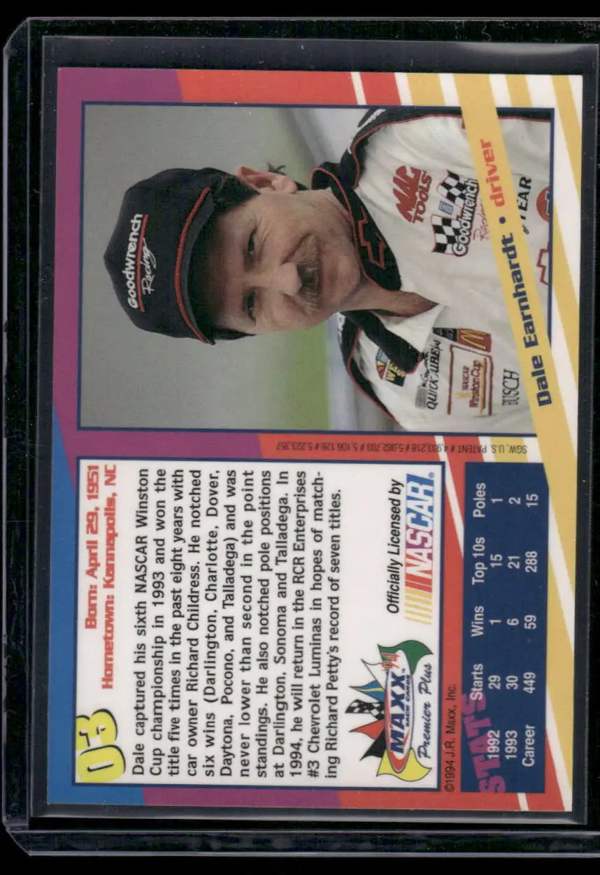 Collectible 1994 Maxx Dale Earnhardt #185 Auto Racing sports card featuring Dale Earnhardt