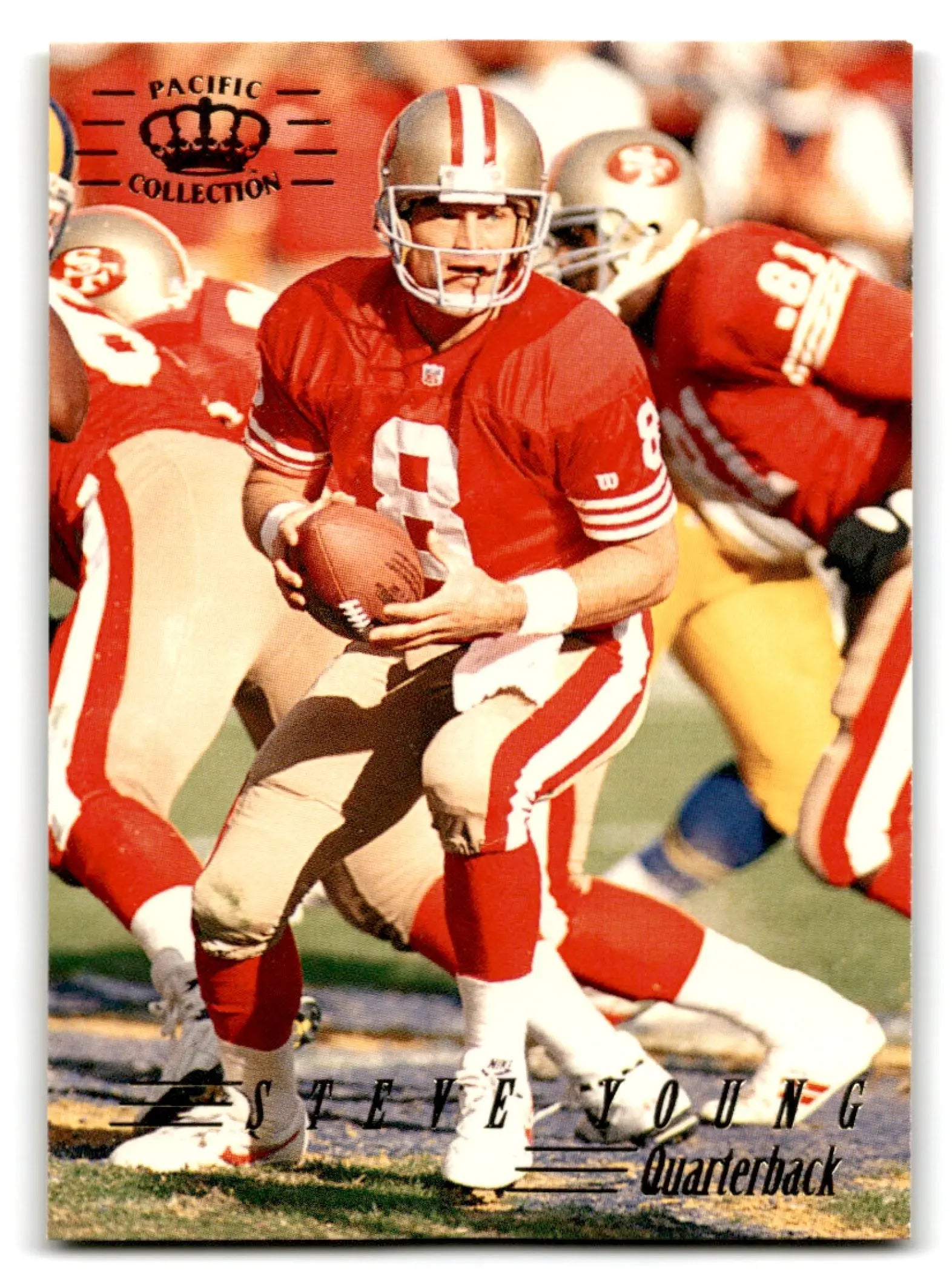 1990s Pacific Football Steve Young trading card featuring San Francisco 49ers in red uniform