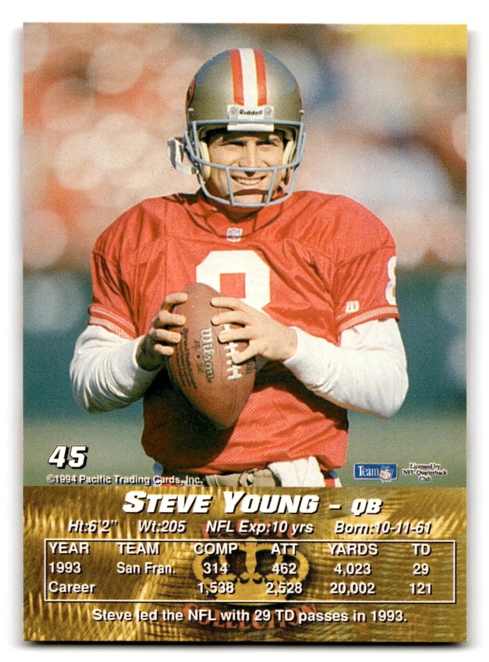 Vintage 1994 Pacific Football Steve Young San Francisco 49ers card featuring Steve Young holding a football