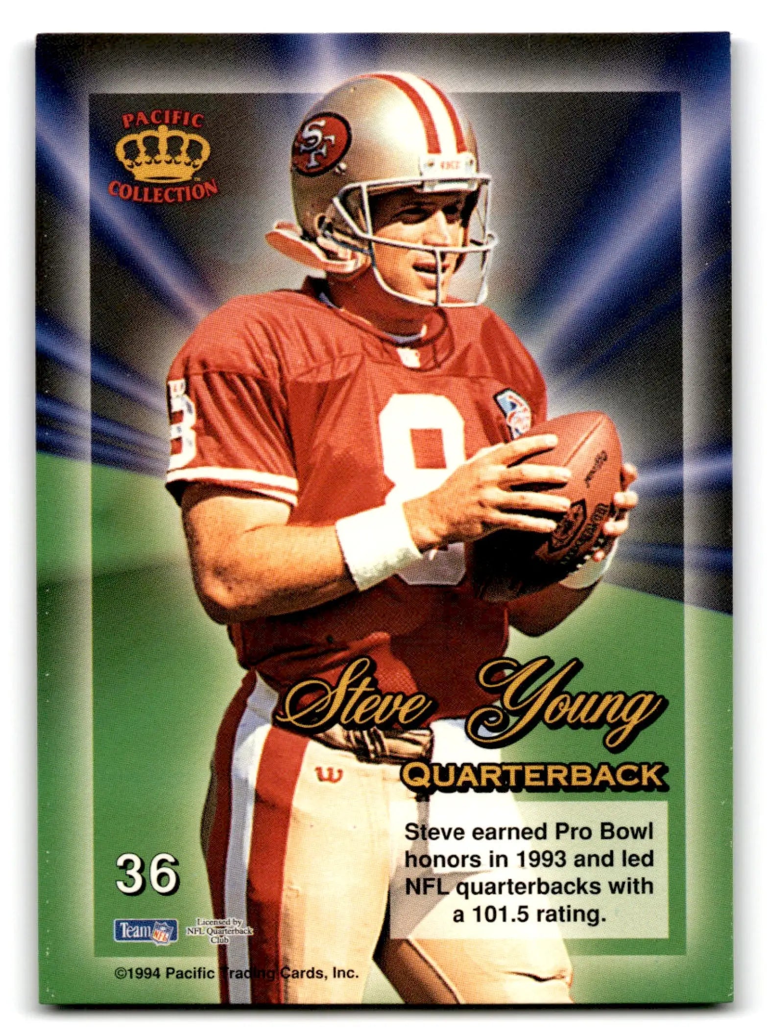 Image of a Pacific Triple Folder Steve Young football trading card featuring Steve Young in a 49ers jersey