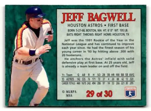 1994 Post Cereal #29 Jeff Bagwell baseball card with original gloss, Houston Astros