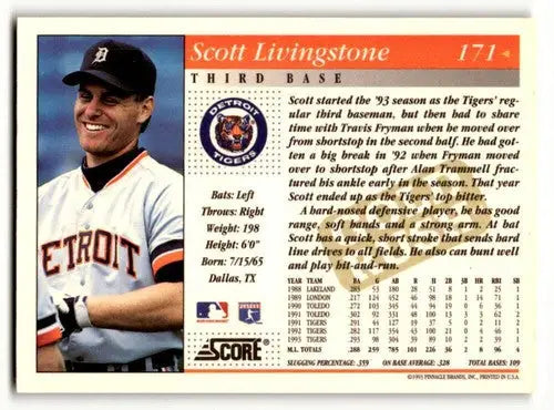 Original gloss Scott Livingstone Detroit Tigers baseball card from 1994 Score #171
