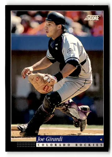 Joe Girardi Colorado Rockies Baseball card featuring a catcher in crouching position