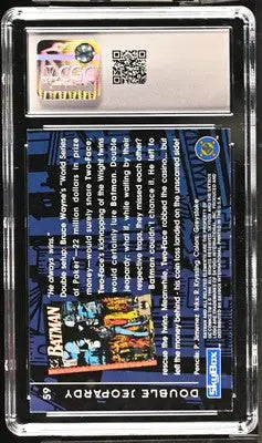 Encased Batman trading card from 1994 SkyBox Dark Knight Double Jeopardy series