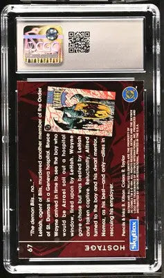 Encased Dark Knight Hostage trading card from SkyBox Batman Saga of the Dark Knight series
