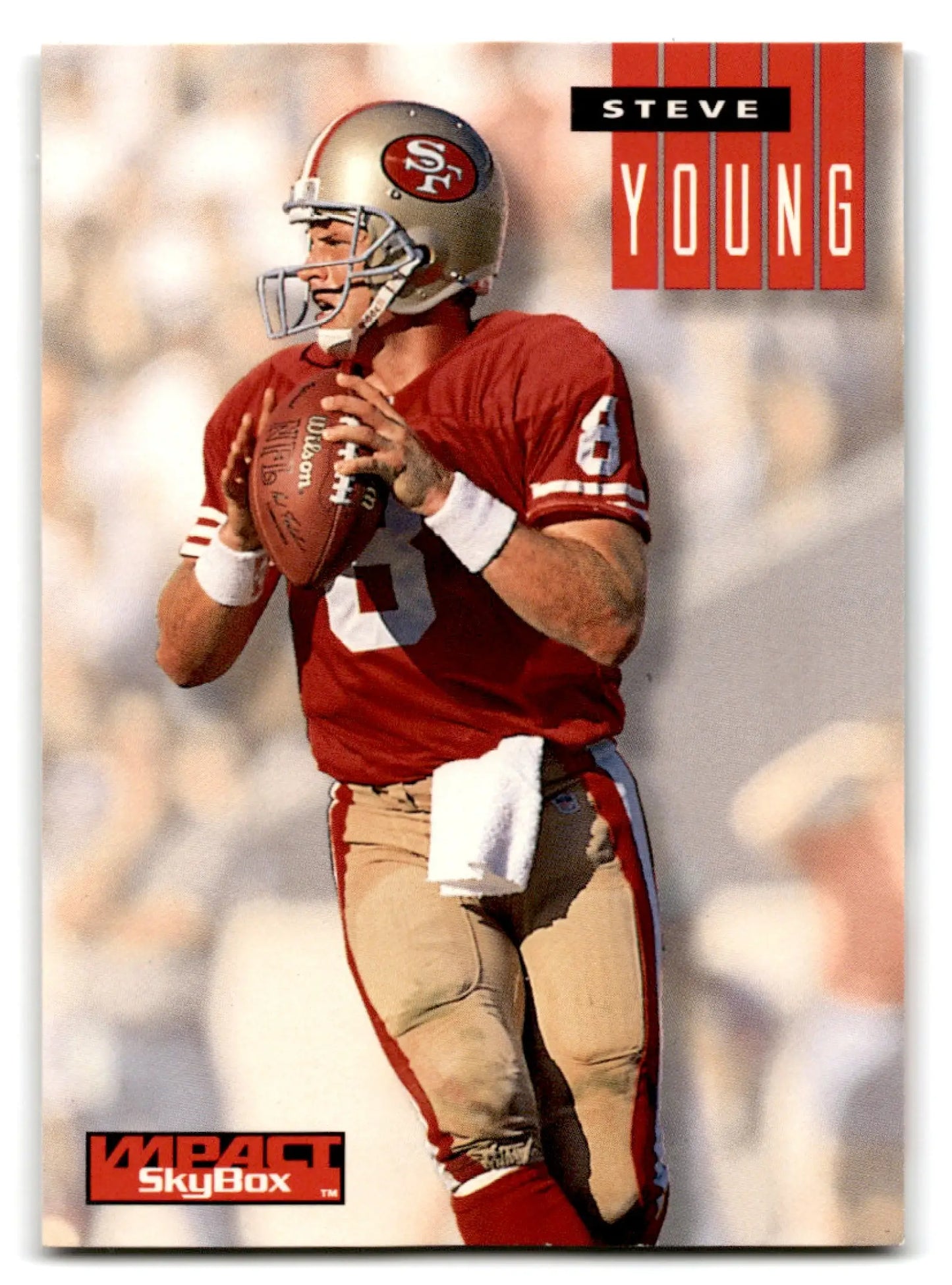 Vintage Skybox Football Impact Steve Young trading card in San Francisco 49ers uniform