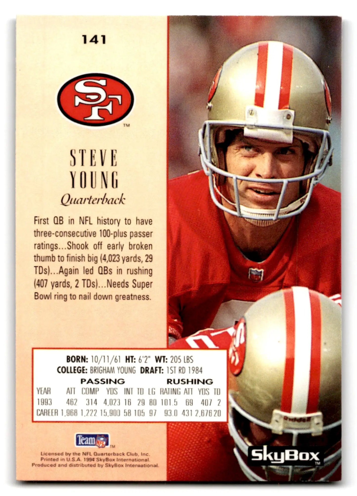 1994 SkyBox Football Premium Steve Young card number 141 San Francisco 49ers