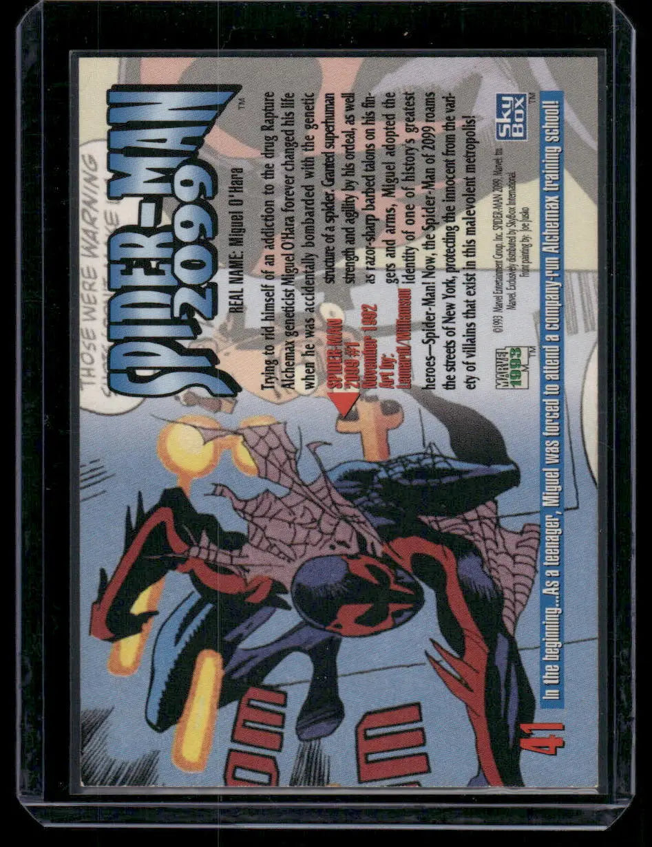 Collectible trading card featuring Spider-Man 2099 from SkyBox Marvel Masterpieces series