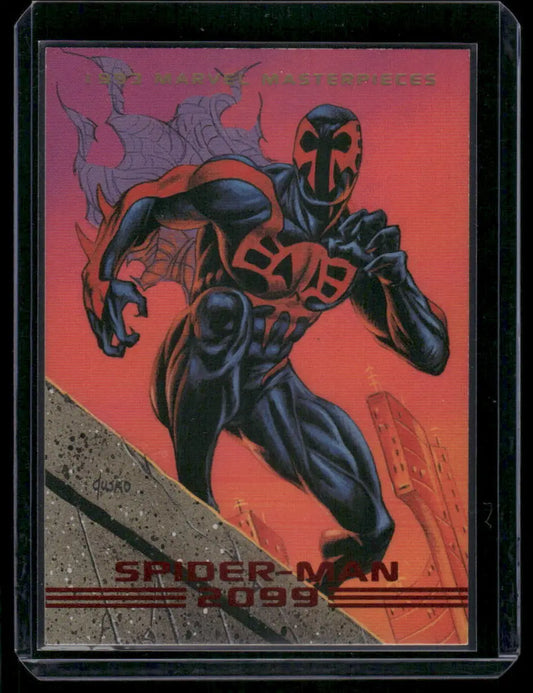 Spider-Man 2099 trading card in protective sleeve from SkyBox Marvel Masterpieces series