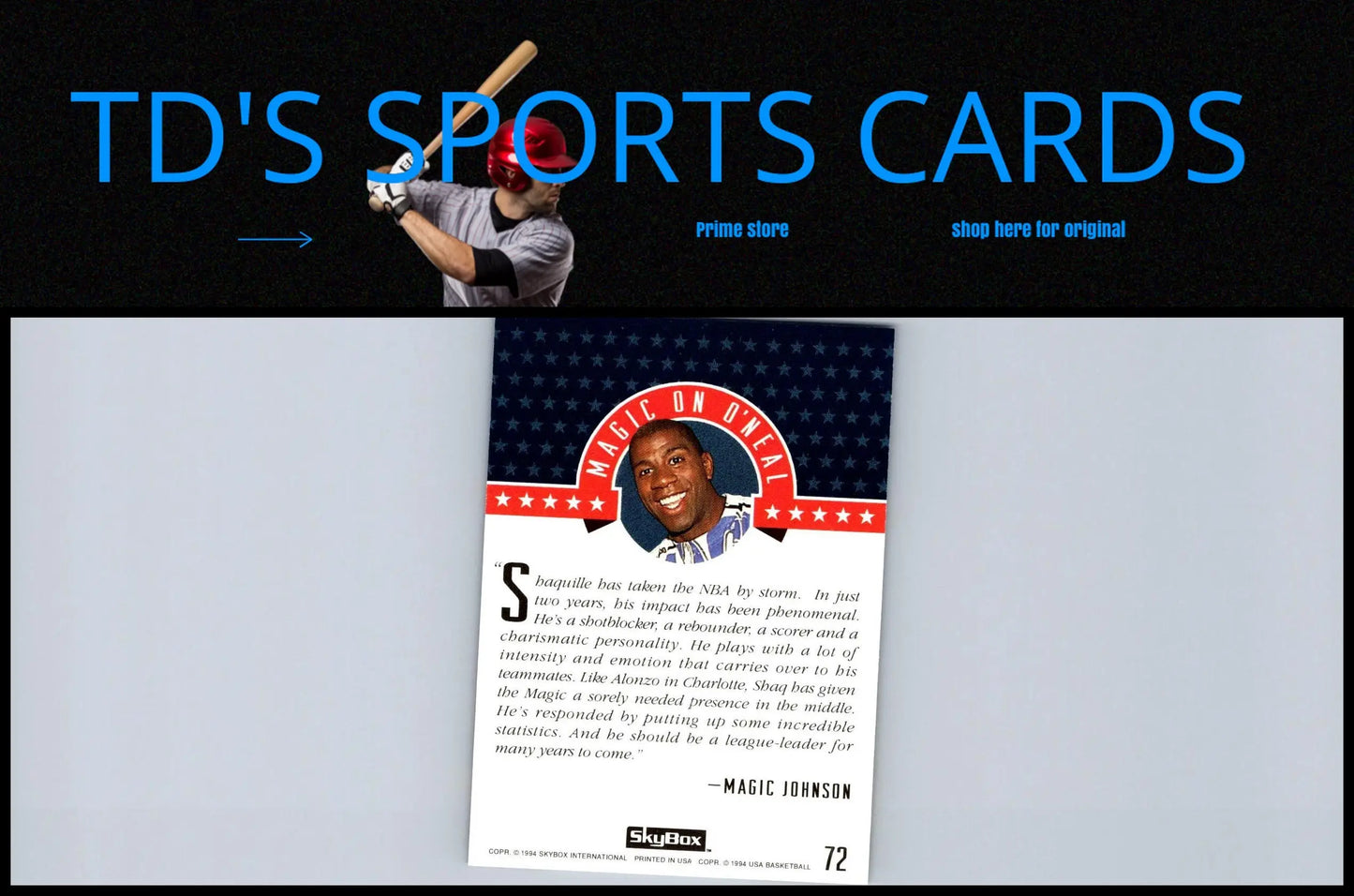 Magic Johnson basketball card featured in 1994 SkyBox USA #72 Shaquille O’Neal Gold