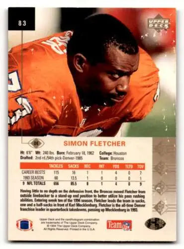 1994 SP #83 Simon Fletcher Denver Broncos Football Card with original gloss condition