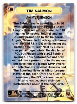 Baseball card back featuring 1994 Ted Williams #160 Tim Salmon trading card details